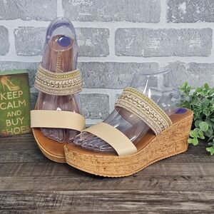 Toscanella Italy Womens 8.5 Embellished Cork Platform Wedge Sandals Gold Beige